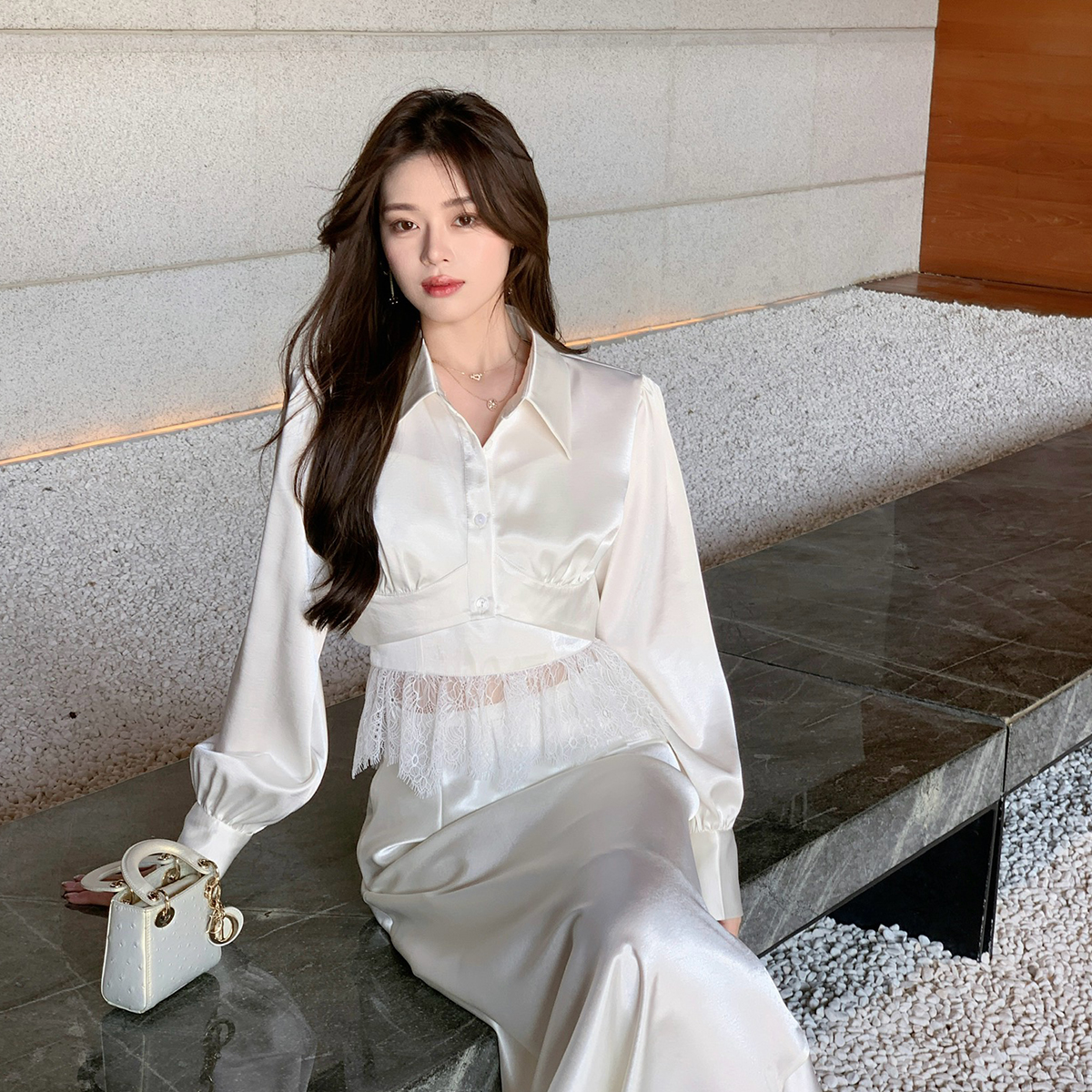 ByYou 夏季新款灯笼袖醋酸白色衬衫套装女蕾丝吊带包臀长裙三件套