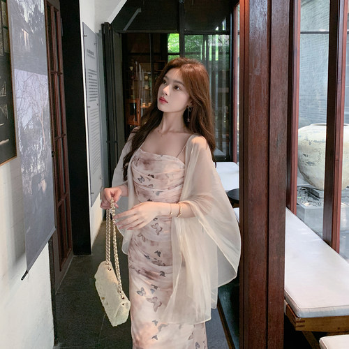 ByYou 夏季新款气质杏色网纱碎花吊带连衣裙紧身包臀鱼尾印花长裙