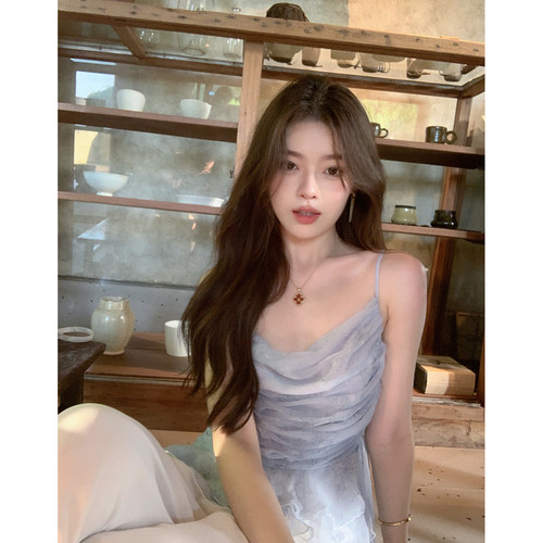 ByYou 秋新款蓝色荡领印花雪纺吊带背心女收腰露肩不规则下摆上衣