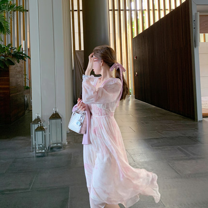 ByYou 2025秋季新款高级感v领粉色水墨碎花连衣裙长款收腰仙女裙