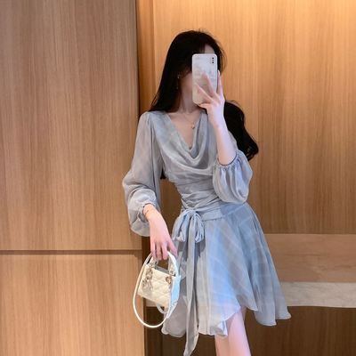 ByYou 夏季新款气质荡领灯笼袖蓝色格子雪纺连衣裙短款收腰碎花裙