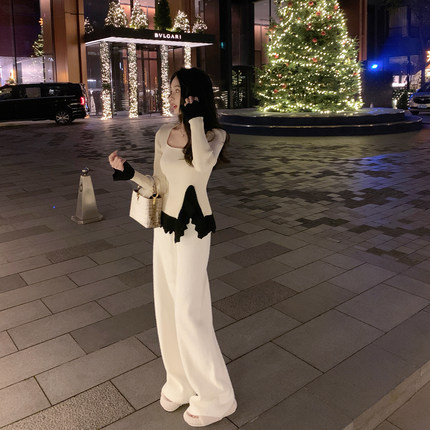 ByYou 冬季白色仿貂绒针织裤女宽松阔腿软糯加厚保暖休闲裤拖地裤