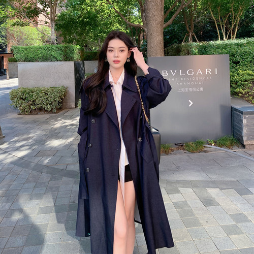 ByYou 新款藏青色双排扣翻领风衣外套女秋中长款收腰廓形休闲大衣