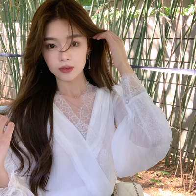 ByYou夏季新款灯笼袖v领白色蕾丝雪纺衫上衣套装女吊带背心两件套