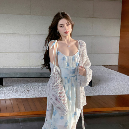 ByYou 2025新款灰色钩织镂空针织防晒开衫女宽松长袖坎肩毛衣外套