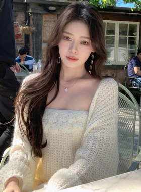 ByYou 春季灯笼袖马海毛羊毛针织开衫外套装女白色抹胸上衣两件套