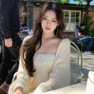 马海毛羊毛针织开衫 ByYou 春季 灯笼袖 女白色抹胸上衣两件套 外套装