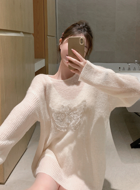 ByYou 秋冬新款3D珠片蝴蝶杏白色重工针织衫女宽松内搭马海毛毛衣