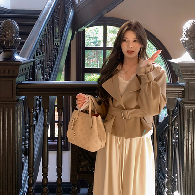 ByYou 冬季新款休闲卡其色加厚风衣外套女短款高级感收腰气质大衣