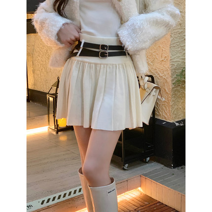 ByYou 秋冬新款时尚气质白色高腰针织半身裙短款显瘦双腰带百褶裙