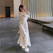 新款 ByYou 夏季 一字肩白色网纱印花连衣裙露肩收腰气质丁达尔长裙