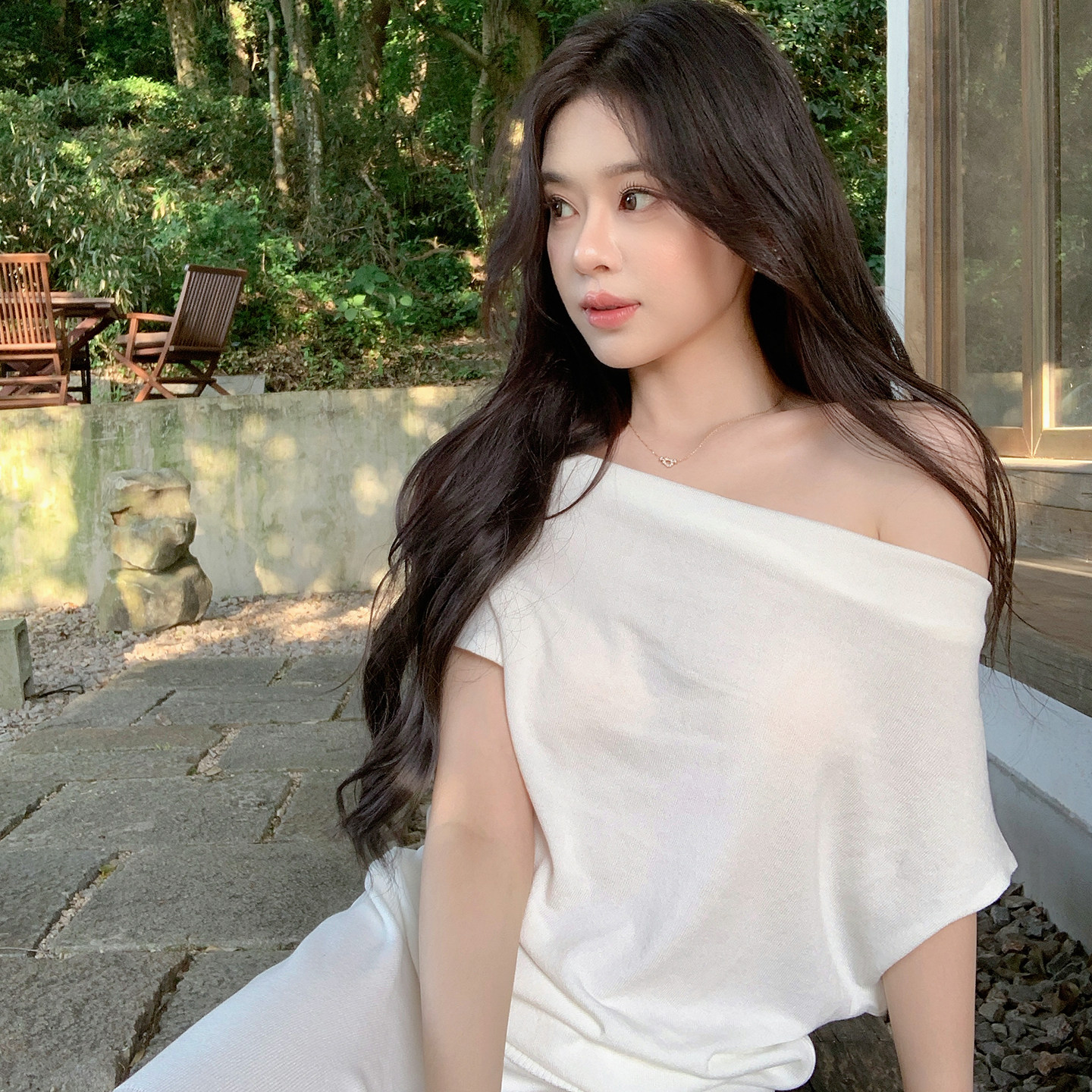 ByYou 新款白色斜肩露肩针织上衣套装女夏高腰直筒半身长裙两件套