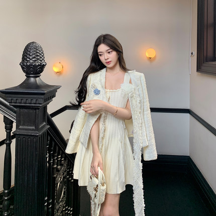 ByYou 秋季新款白色金丝亮片小香毛呢外套女短款显瘦休闲呢子大衣