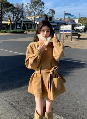 ByYou 冬季老钱风羊毛领麂皮绒环保皮草外套女卡其色加绒加厚大衣