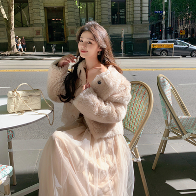 ByYou冬季新款粉色100真羊毛皮草外套女短款皮毛一体加厚毛毛大衣