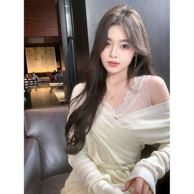 ByYou 冬季羊绒白色v领针织衫上衣套装女内搭蕾丝吊带背心两件套