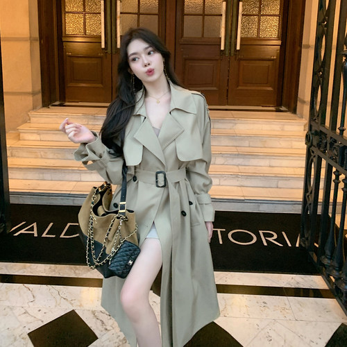 ByYou 秋季新款翻领卡其色风衣外套女英伦风中长款双排扣收腰大衣