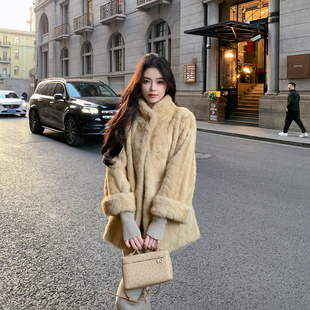 ByYou 琥珀色仿水貂绒皮毛一体环保皮草外套女冬加厚毛绒大衣 新款
