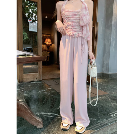 ByYou 夏季新款粉色高腰麻料休闲裤女宽松显瘦显腿长垂感绑带长裤