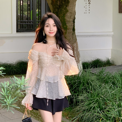 ByYou 2025新款法式喇叭袖一字肩波点雪纺衫女荷叶边宽松衬衫上衣