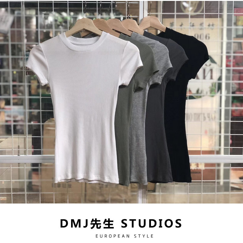 欧美简约紧身小圆领显胸螺纹T恤