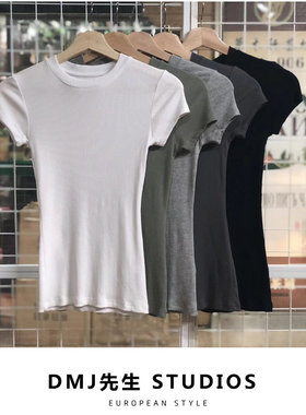 DMJ 小圆领百搭螺纹棉高弹力欧美紧身显瘦显胸大打底短袖t恤