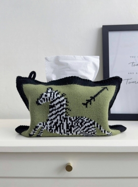 创意中古斑马美式复古车载针织布艺纸巾盒抽纸收纳壁挂式纸巾袋套