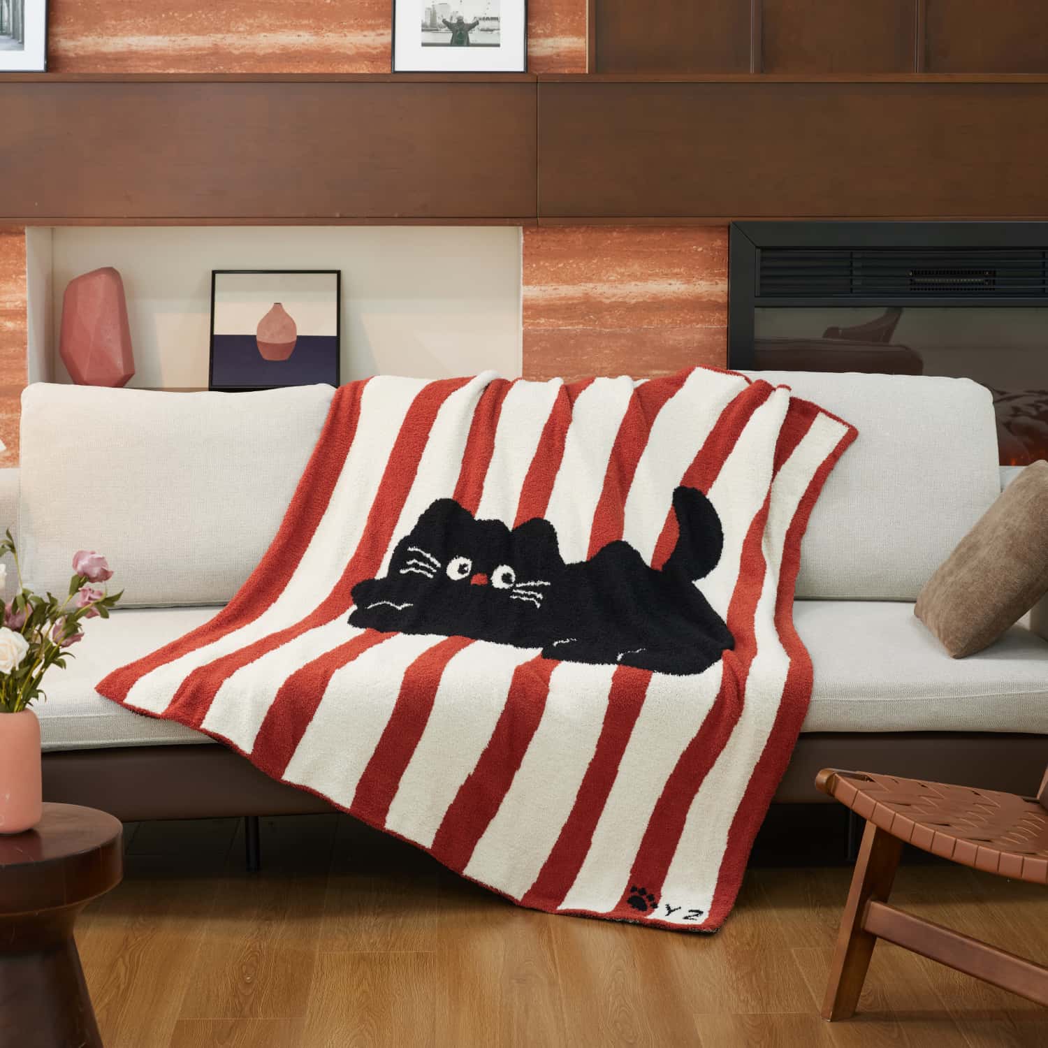 ins风条纹小猫咪半边绒针织毛毯