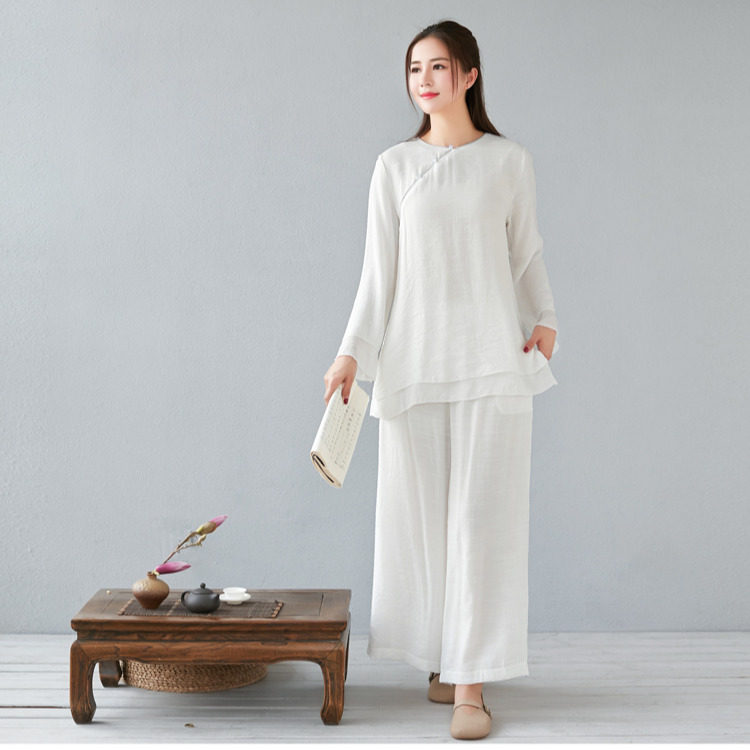 实拍2026春季瑜伽服长袖套装春装斜襟盘扣打坐太极服棉麻禅服套装