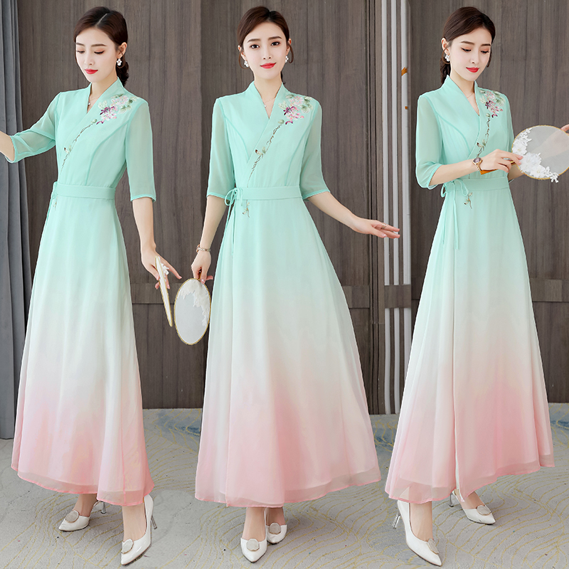 汉服改良中国风夏季新品桑蚕丝长裙复古中式茶服女仙女真丝连衣裙