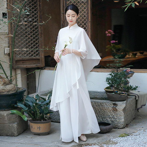 中式改良飘逸禅意茶服仙气披肩春夏女中国风禅修班服雪纺上衣裤子