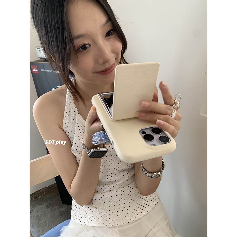 DT play 高级感出门补妆镜白色荔枝纹韩国ins韩国ins小众适用于iphone17promax/16苹果14/13/15手机壳保护套
