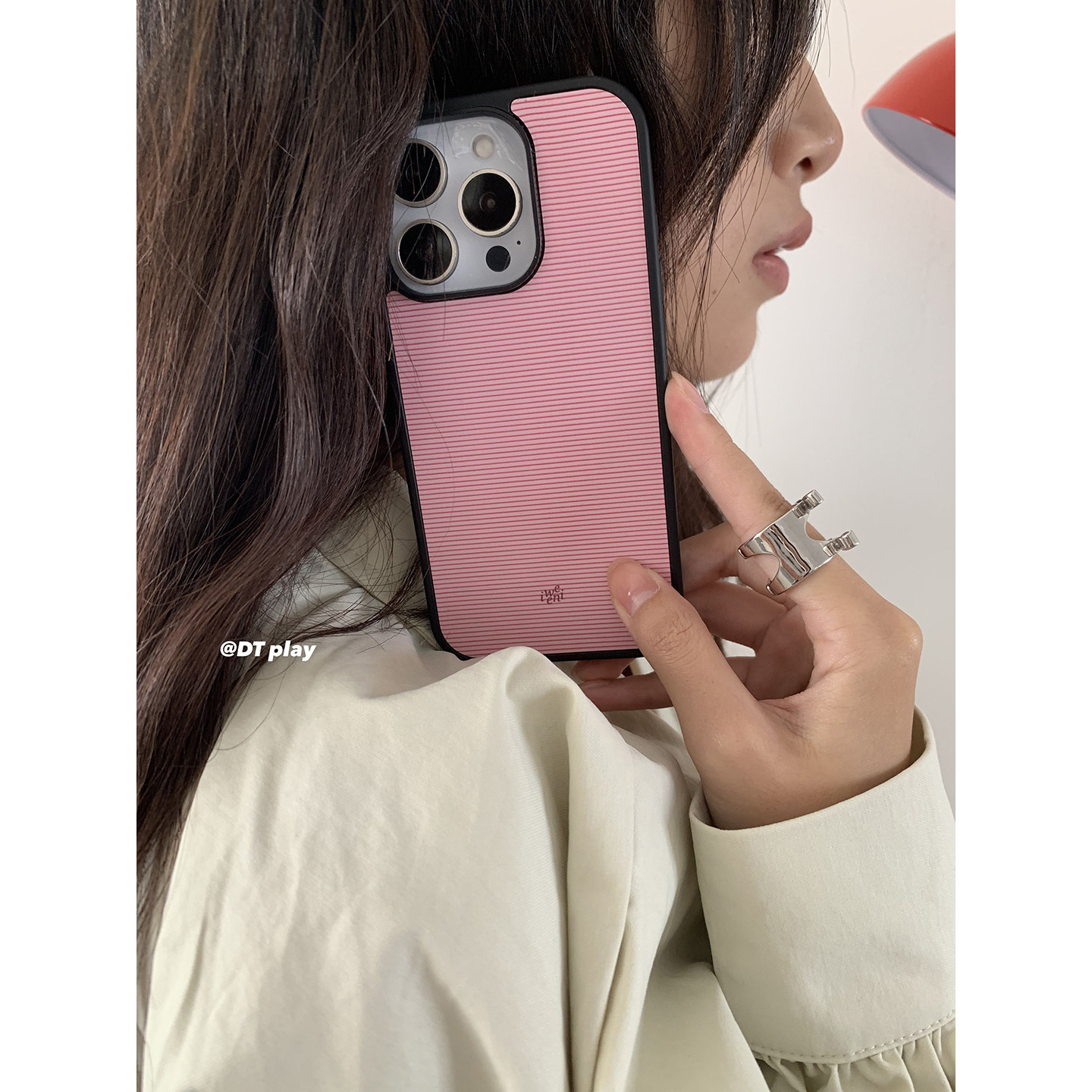 DT play 时髦尖子生粉蓝条纹指环少女韩国ins博主小众设计适用于iphone17promax/16/15苹果14/13手机壳保护套