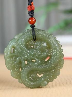 和田玉龙行天下青玉佩霸气龙牌吊坠帝王龙纹方牌子项链男女款