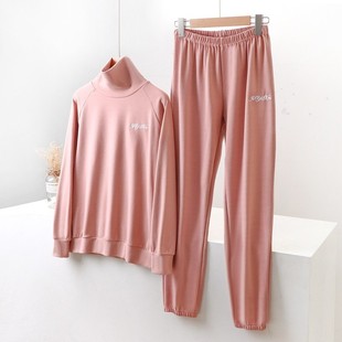 秋冬偏厚螺纹德绒家居服两件套 长裤 女士宽松高领护颈睡衣套装 长袖