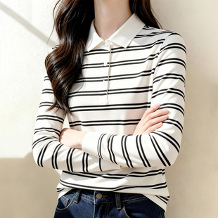 上衣 纯棉显瘦收腰日常百搭休闲polo衫 新款 春秋条纹翻领t恤女长袖