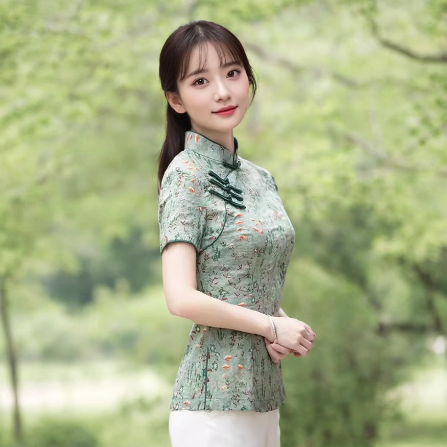 唐装女中国风旗袍上衣女夏季新款茶服改良短袖复古棉麻修身女装