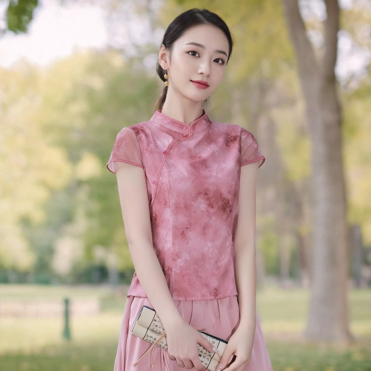 新中式国风立领旗袍上衣女短袖夏季新款修身年轻款盘扣漂亮小衫薄