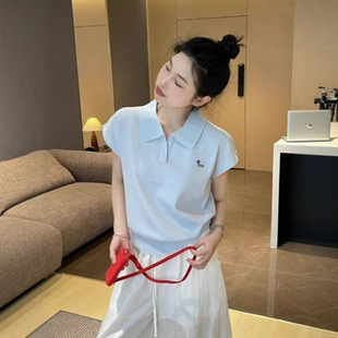 小飞袖 薄款 时尚 上衣 针织衫 短袖 小狗刺绣浅蓝柔软Polo衫 T恤女夏季