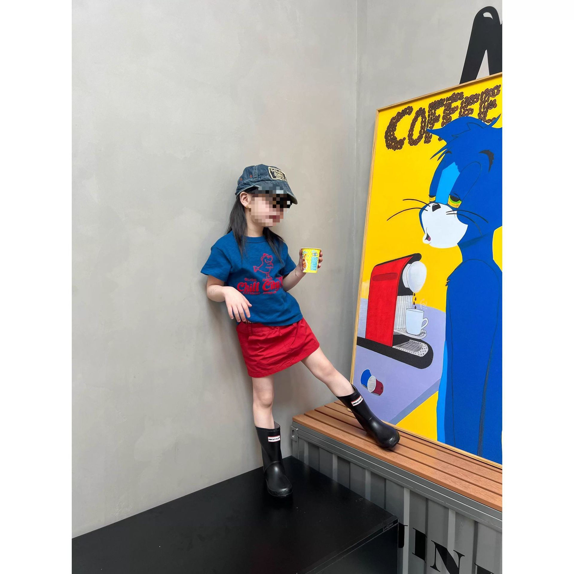 夏季新款女童短袖蓝色卡通短袖T恤+红色半身裙多巴胺套装0030A133