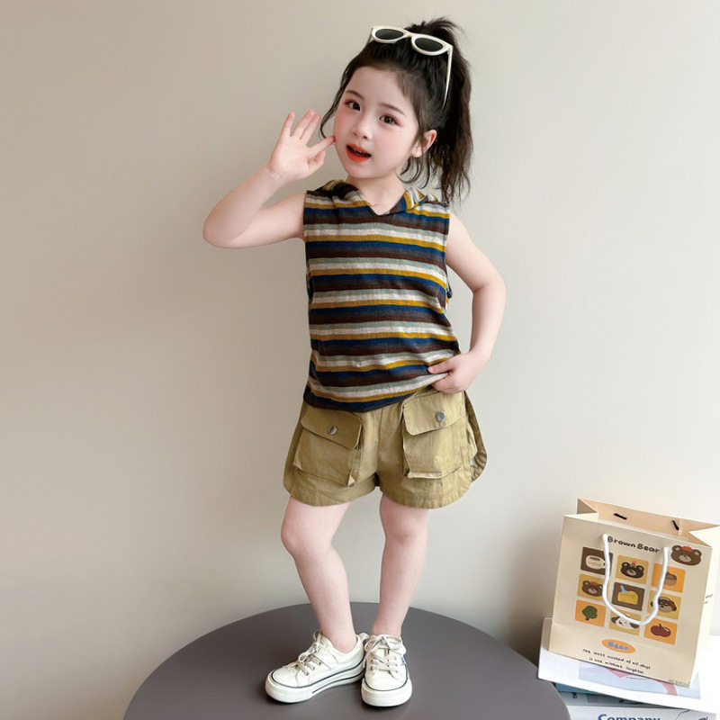 女童2026夏季新款套装洋气复古条纹背心女宝宝工装短裤两件套简约