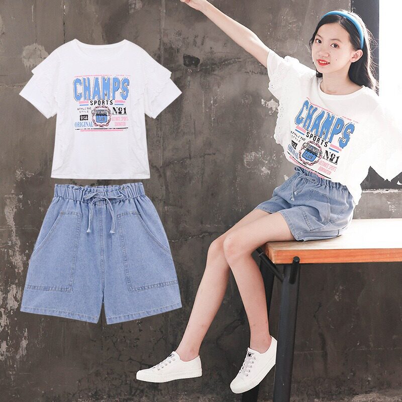女童夏装套装儿童洋气时髦运动2026新款中大童女孩牛仔短裤两件套