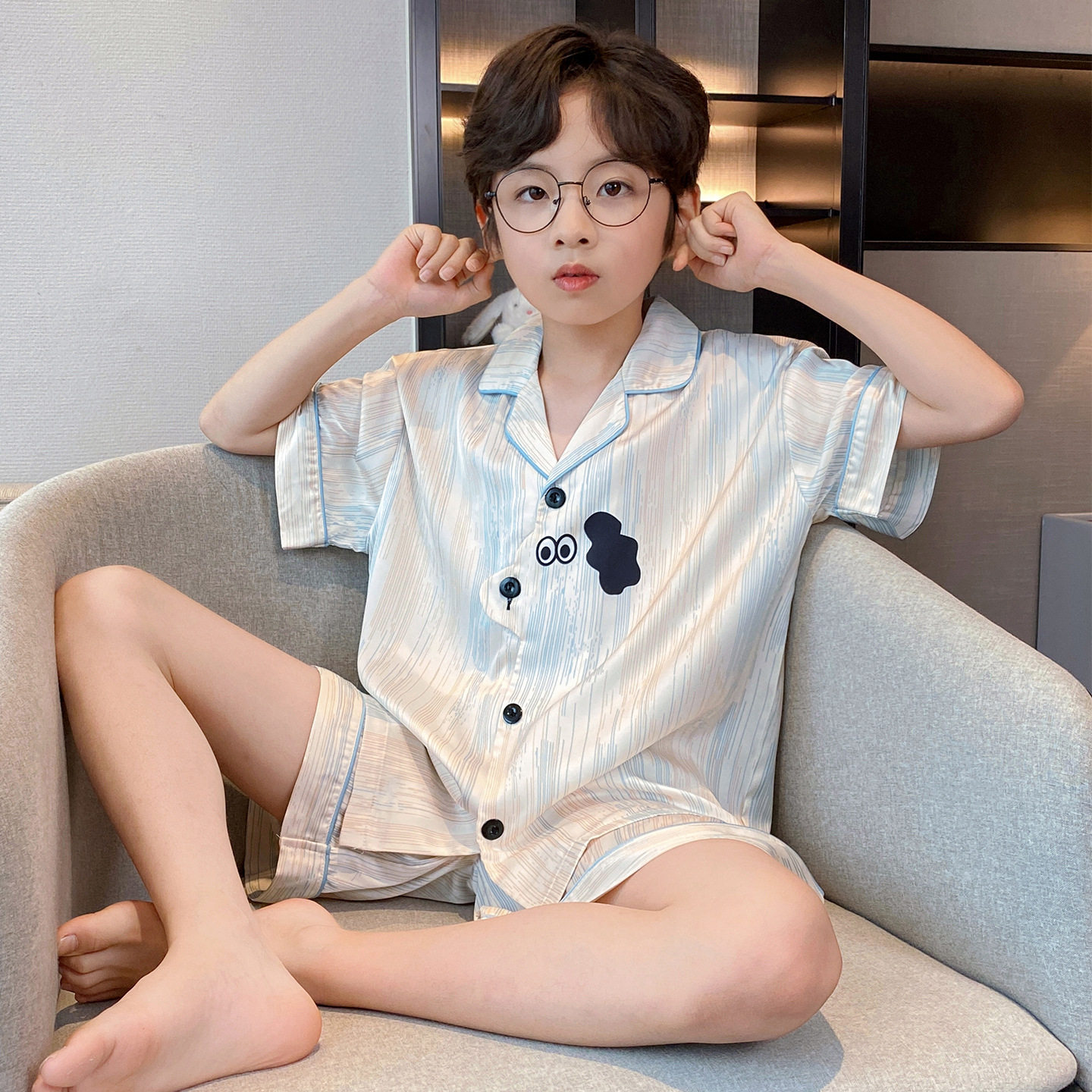 儿童睡衣夏薄款小男孩短袖空调服中大童两件套夏季男童冰丝家居服