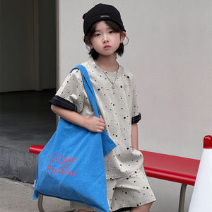 奶酪与喵男童套装2026年夏季新款儿童华夫格星星印花休闲两件套潮