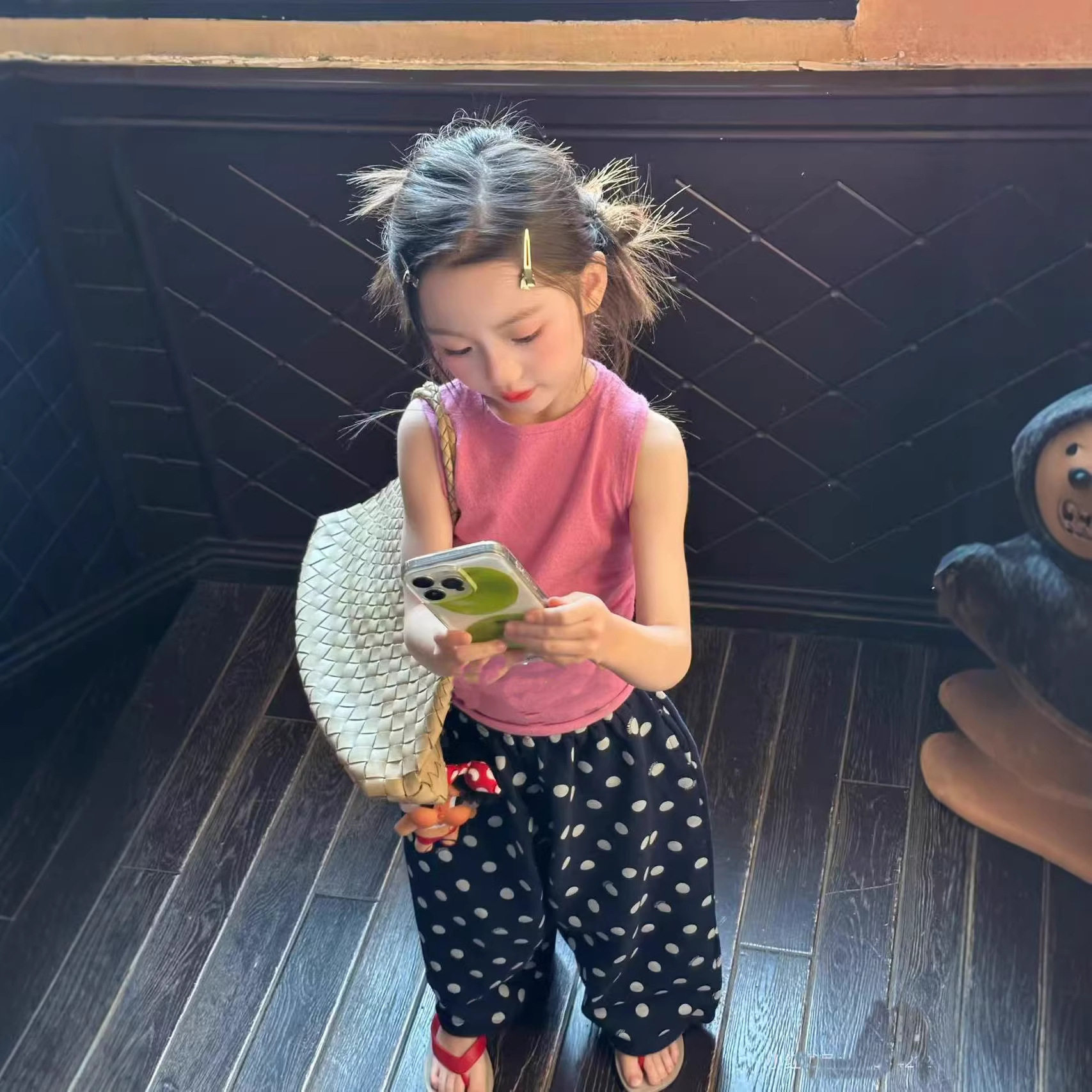 女童裤子波点满印运动裤2026春夏款儿童复古宽松阔腿直筒休闲裤子