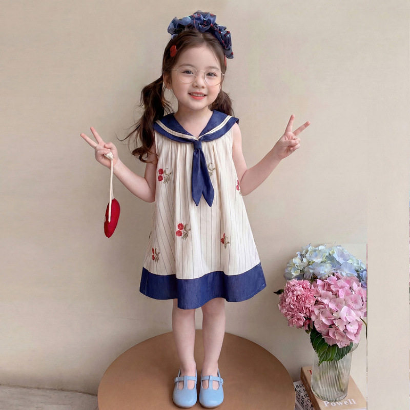 女童学院风海军领背心裙2026夏季新款条纹花朵刺绣无袖A字连衣裙