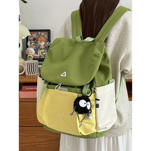 撞色初中生束口书包女高中学生大容量翻盖双肩包户外登山旅行背包