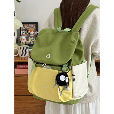 撞色初中生束口书包女高中学生大容量翻盖双肩包户外登山旅行背包