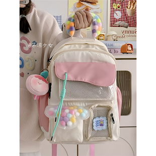 多巴胺撞色格子书包学生小众设计双肩包少女背包吧唧扎板透明痛包