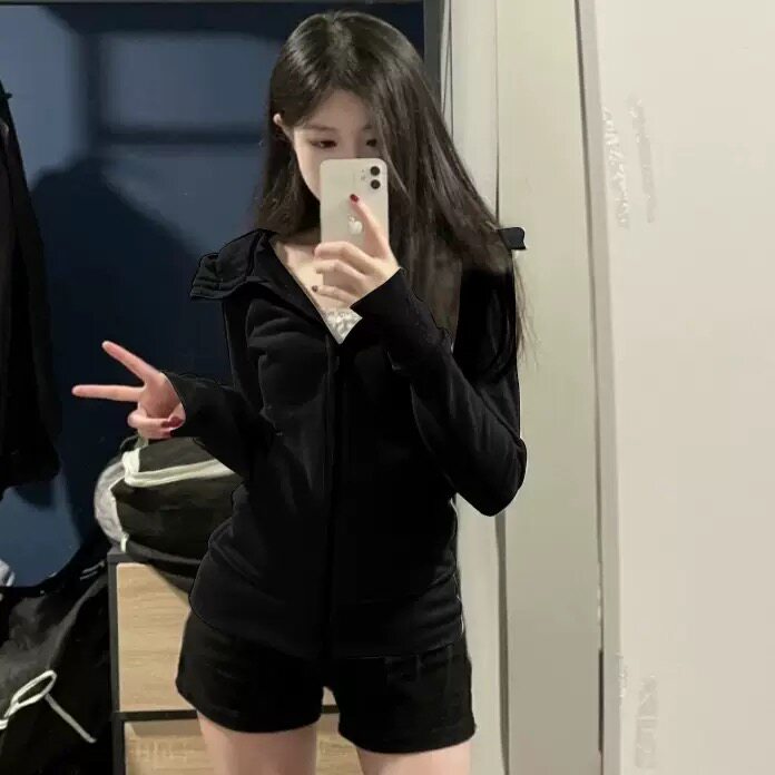 2025新款修身美式收腰卫衣外套女2025秋冬加绒运动紧身连帽
